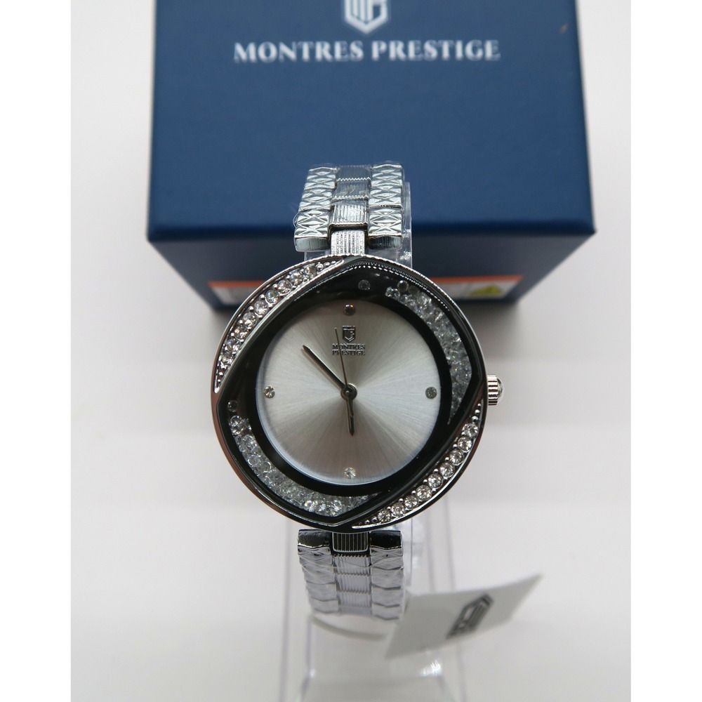 Montres Prestige MPW-0222 Silver Tone Crystal Swirl Bezel Dress Watch New